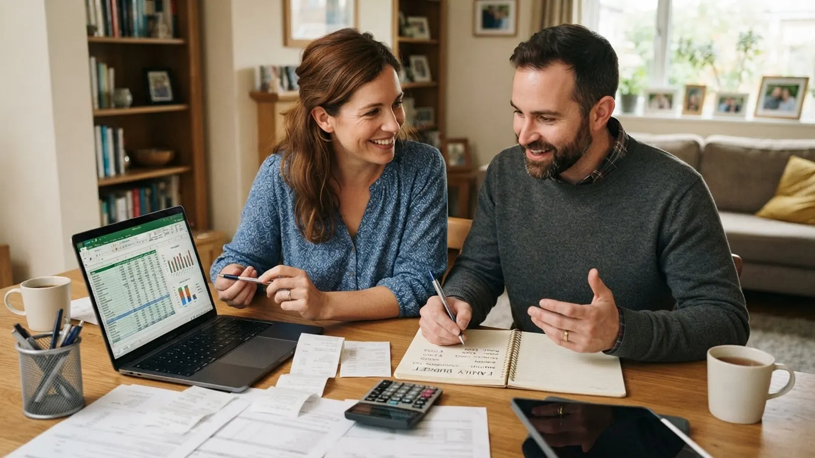 Two people going over a budget together at a kitchen table